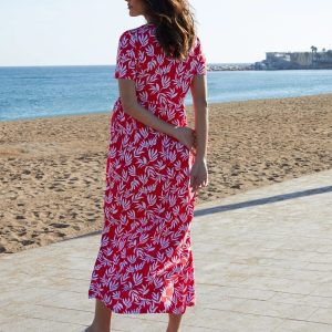 Women's Red Leaf Print Jersey Maxi Dress with Pockets Siouxe