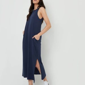 Women's Navy Sleeveless Jersey Midi Dress with Pockets Siouxe